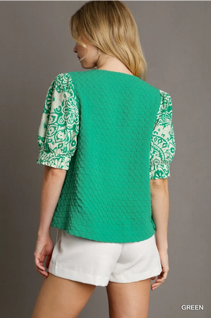 Green Jacquard Top with Printed Sleeve Details
