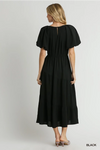 Black A-Line Midi Dress with Asymmetric Seam Skirt & Puff Sleeves