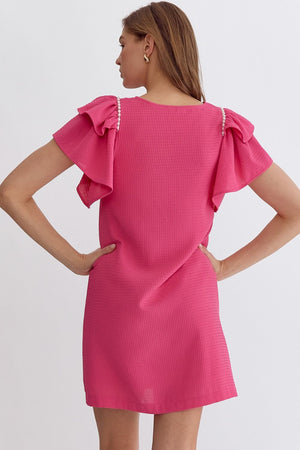 Waffle Textured Dress with Pearl & Ruffle Details