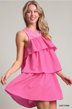 Pink Basketweave Organza Ruffle Tiered Dress