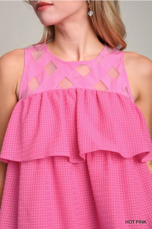 Pink Basketweave Organza Ruffle Tiered Dress