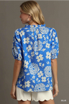 Blue Floral Print Puff Sleeve Top