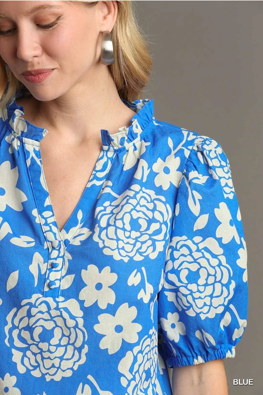 Blue Floral Print Puff Sleeve Top