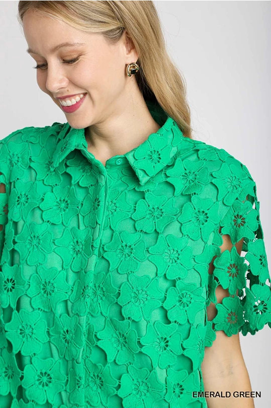 Kelly Green Floral Lace Button Down Dress