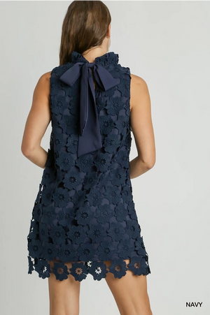 Navy Lace Crochet Bow Back Dress