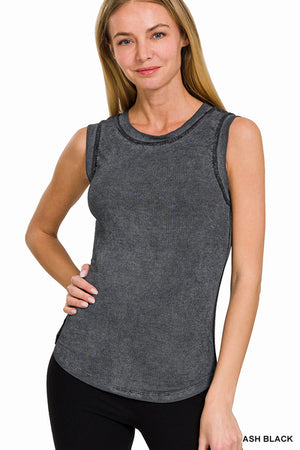 Washed Ribbed Scoop Neck Fitted Tank