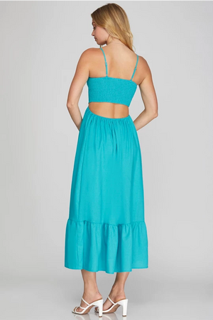 Turquoise Scalloped Linen Midi Dress with Open Back