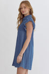 Denim Button Down Smocked Dress with Ruffle Sleeves