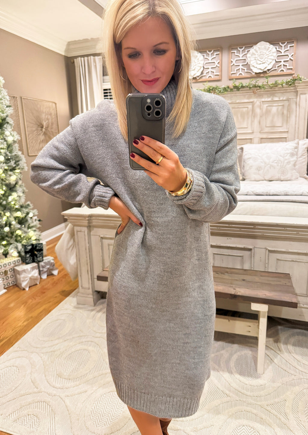 Grey Midi Sweater Dress with Slit Detail