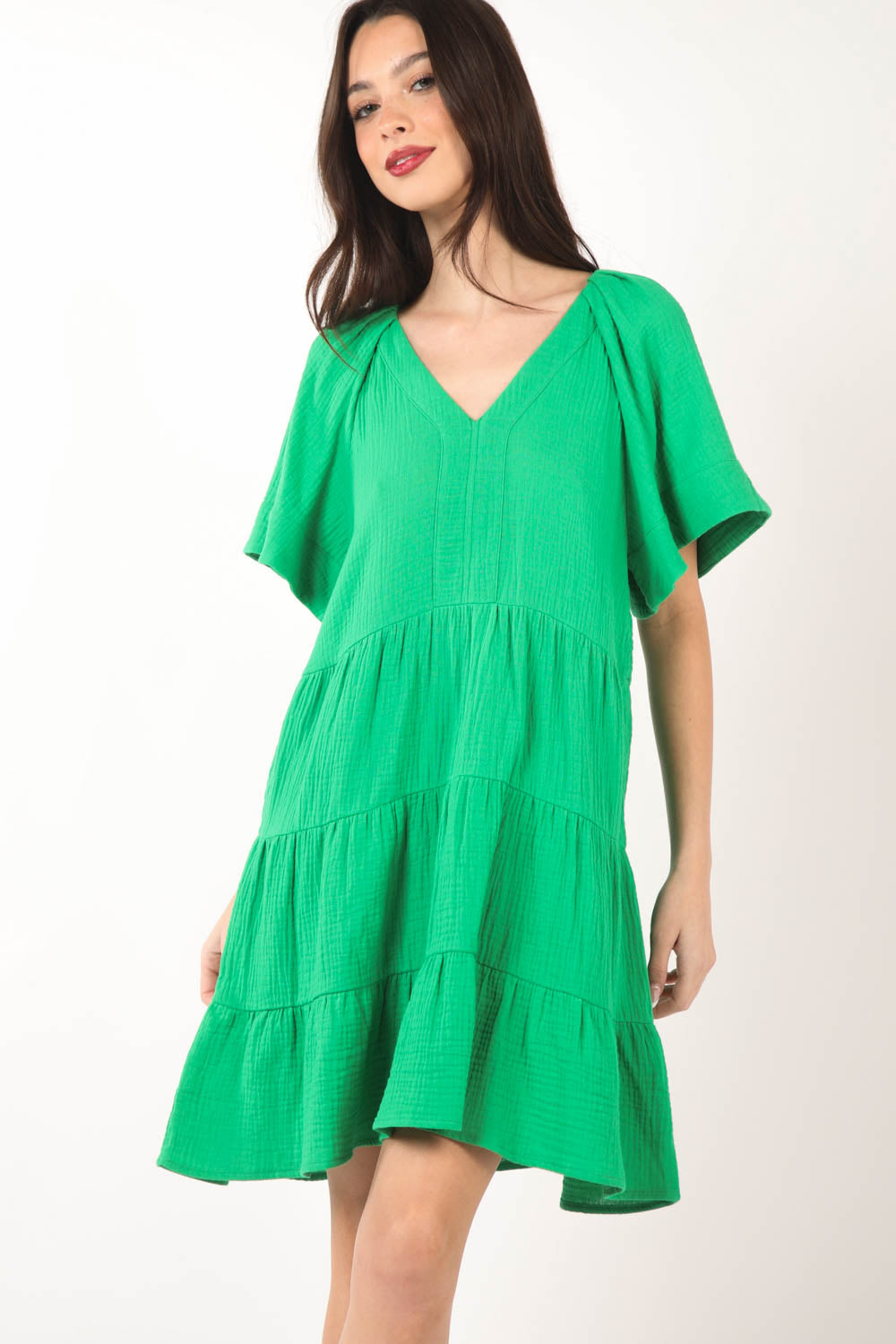 Green Babydoll Tiered Gauze Dress