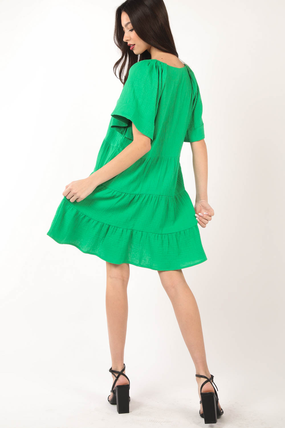 Green Babydoll Tiered Gauze Dress