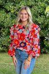 Red Floral Printed Top with Ruffle Sleeves