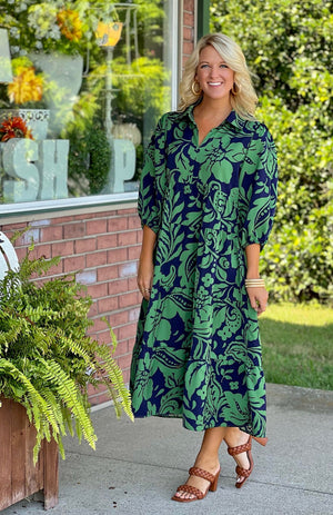 Navy & Green Printed Midi Dress