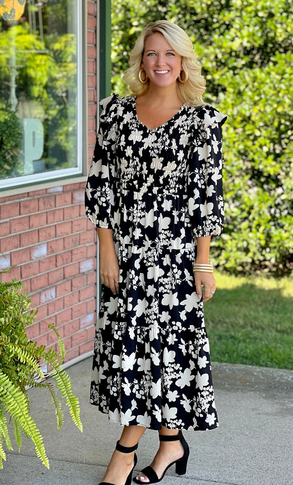 Black & Cream Floral Tiered Midi Dress
