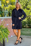 Black Pleated Button Down Dress with Tie