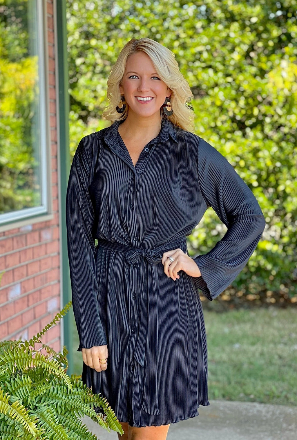 Black Pleated Button Down Dress with Tie