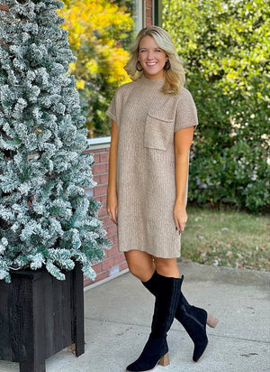 Taupe Short Sleeve Sweater Dress