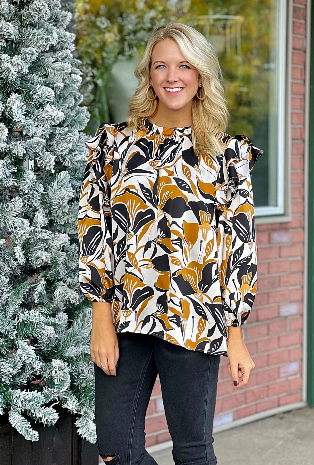 Printed Blouse with Ruffle Shoulder Details