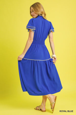 Royal Blue Smocked Waist Flutter Sleeve Midi Dress **FINAL SALE**