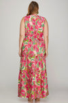 Pink Floral Sleeveless Midi Dress