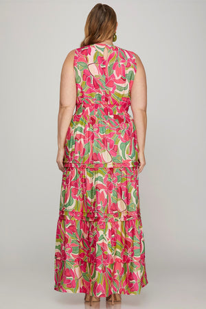 Pink Floral Sleeveless Midi Dress