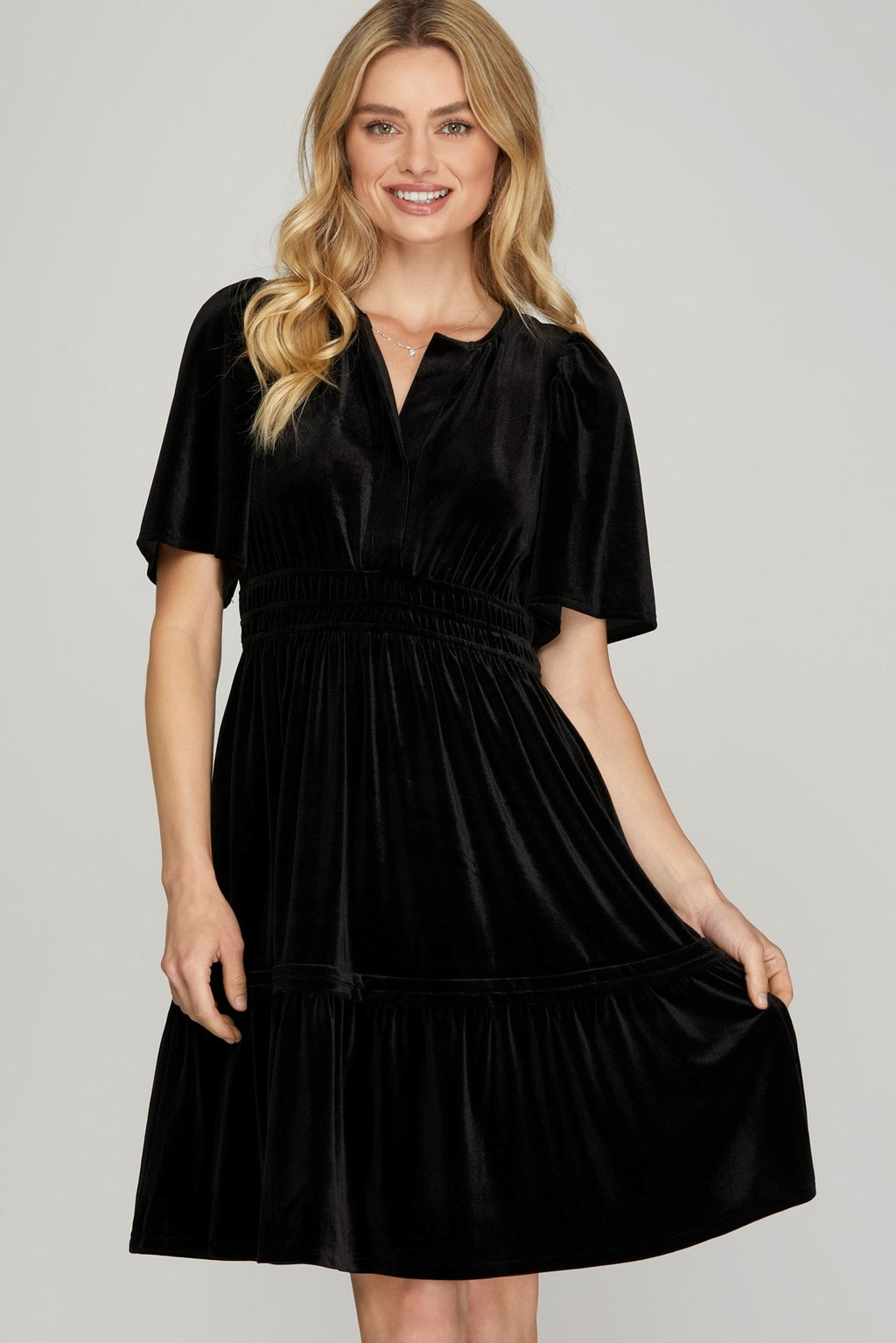 Black Velvet Dress with Cinched Waist