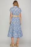 Blue Floral Button Up Midi Dress with Belt