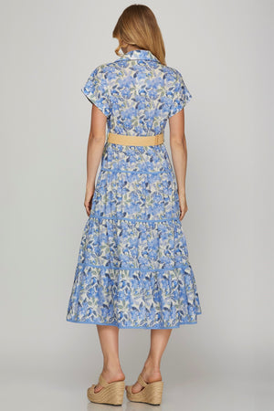 Blue Floral Button Up Midi Dress with Belt