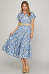 Blue Floral Button Up Midi Dress with Belt