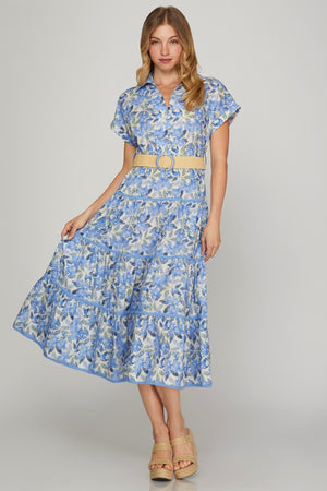 Blue Floral Button Up Midi Dress with Belt