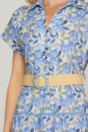 Blue Floral Button Up Midi Dress with Belt