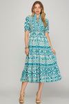 Turquoise Printed Woven Dress with Ruffle Details