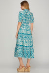 Turquoise Printed Woven Dress with Ruffle Details