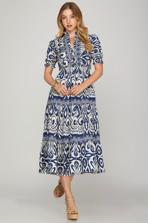 Navy Printed Woven Dress with Ruffle Details