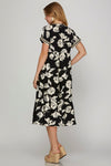 Black Printed Tiered Dress with Lace Trim Detail