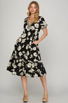 Black Printed Tiered Dress with Lace Trim Detail