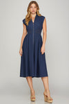 Denim Smocked Waist Dress with Zipper Detail