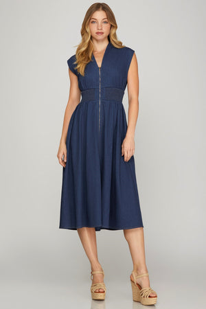 Denim Smocked Waist Dress with Zipper Detail