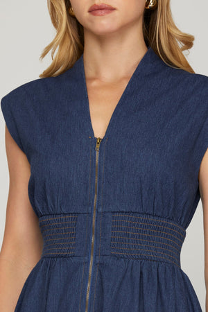 Denim Smocked Waist Dress with Zipper Detail