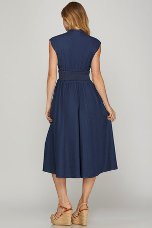 Denim Smocked Waist Dress with Zipper Detail