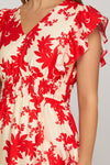 Red Floral Print Midi Dress with Flutter Sleeves