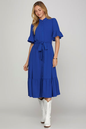 Royal Blue midi Dress with Waist Tie Detail
