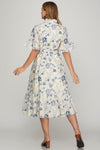 Bell Sleeve Printed Dress with Ruffle Collar and Tie Waist