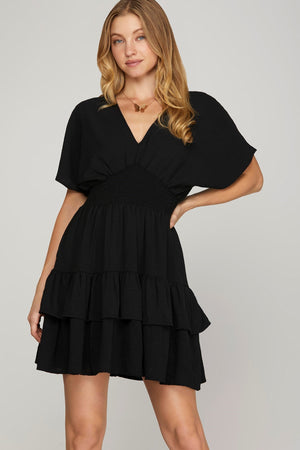Black Waist Smocking Tiered Dress