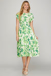 Green Drop Shoulder Floral Midi Dress