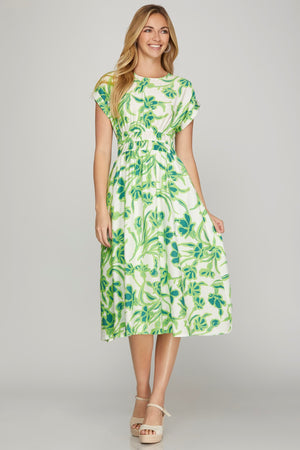 Green Drop Shoulder Floral Midi Dress