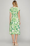 Green Drop Shoulder Floral Midi Dress