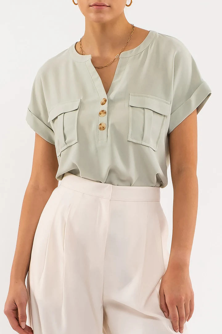 Light Sage Cuffed Short Sleeve Top with Pocket and Button Details