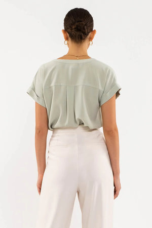 Light Sage Cuffed Short Sleeve Top with Pocket and Button Details