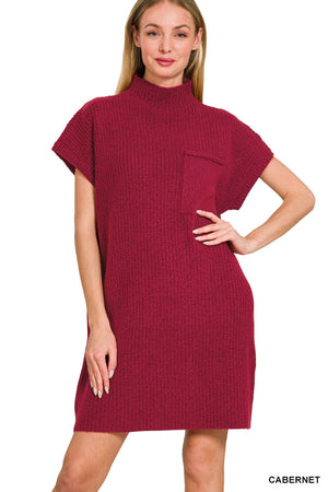 Wine Mock Neck Short Sleeve Sweater Dress